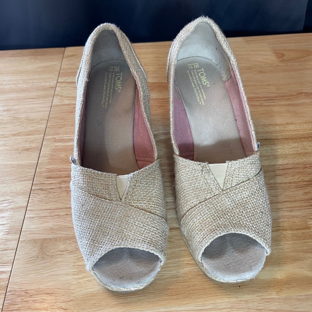 TOMS Womens Natural Burlap Peep Toe Espadrille Wedge Sandals Beige Size 11